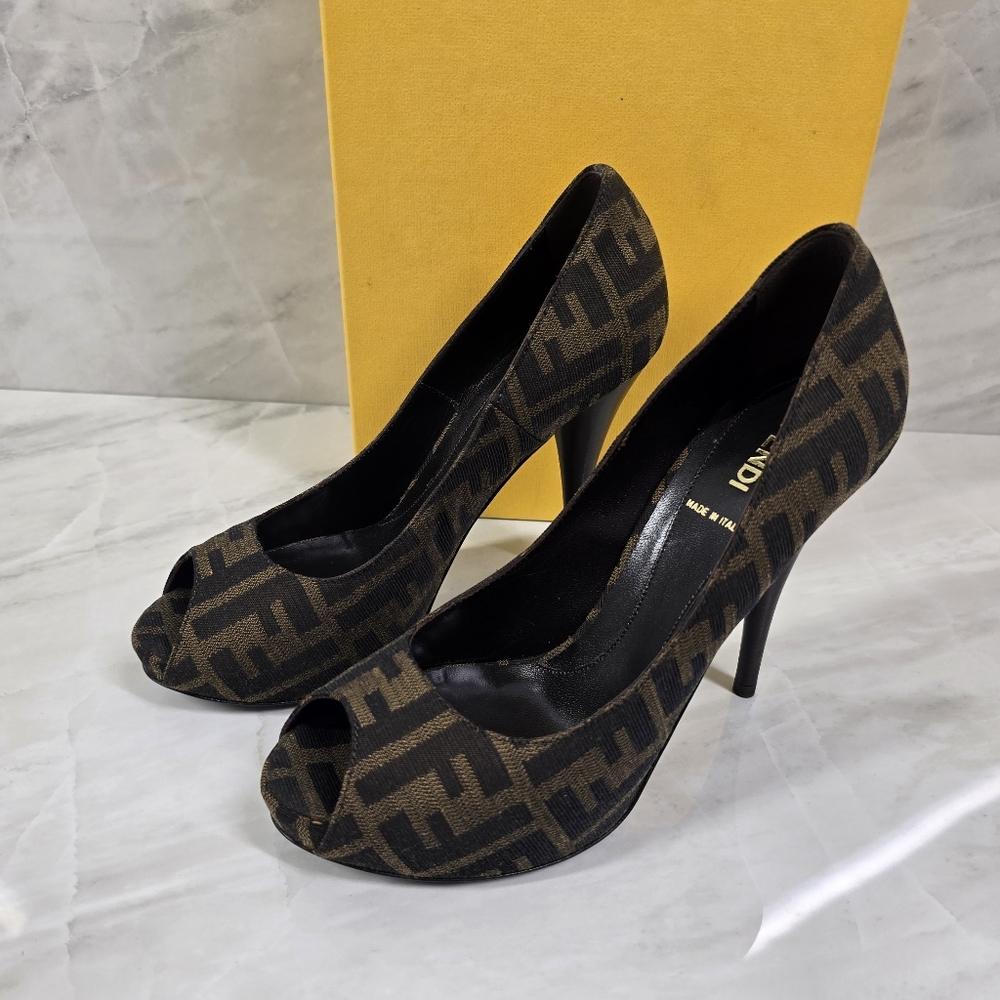 Fendi Black and Brown Peep-Toe Heels